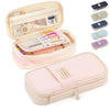 A pink pencil case with a clear mesh pocket and multiple compartments for school supplies.