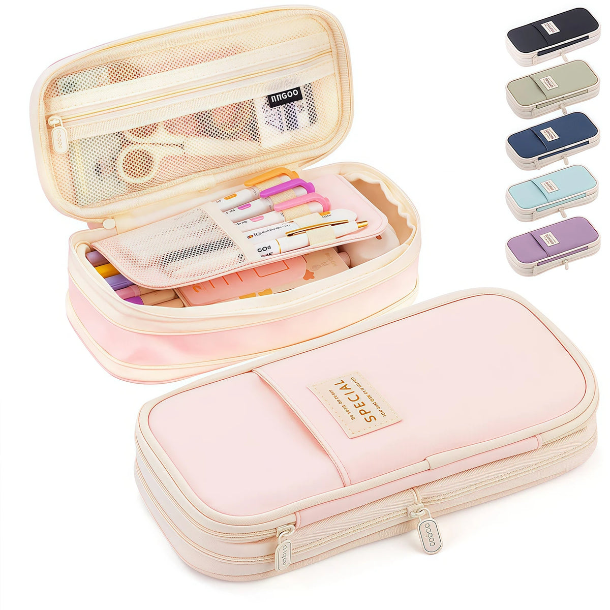 A pink pencil case with a clear mesh pocket and multiple compartments for school supplies.