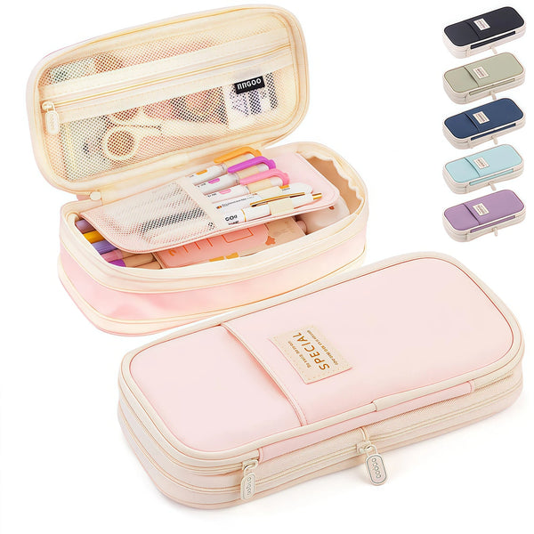 A pink pencil case with a clear mesh pocket and multiple compartments for school supplies.