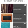 Three panels showing fine leather lines, a transparent card slot, and a careful line on a mini wallet.