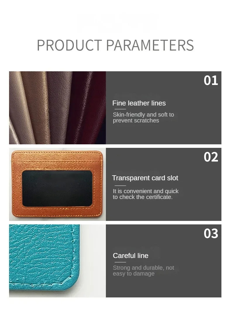 Three panels showing fine leather lines, a transparent card slot, and a careful line on a mini wallet.