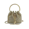 A gold crystal-embellished evening clutch bag with a chain strap.