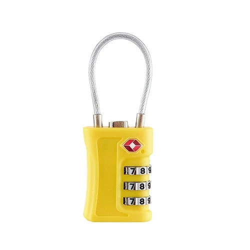 Yellow TSA compatible 3-digit travel lock with a metal wire loop.