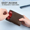 A brown leather card wallet holding various credit cards and an ID, shown next to a pen.