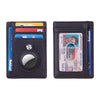 A black RFID blocking card holder wallet displaying various cards and an ID card.
