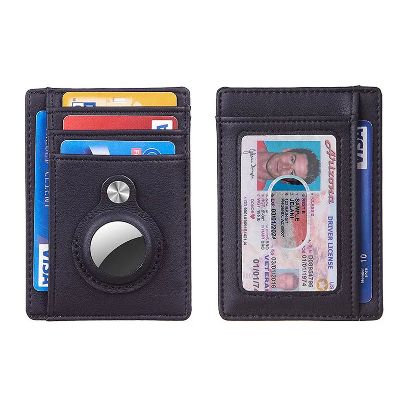 A black RFID blocking card holder wallet displaying various cards and an ID card.