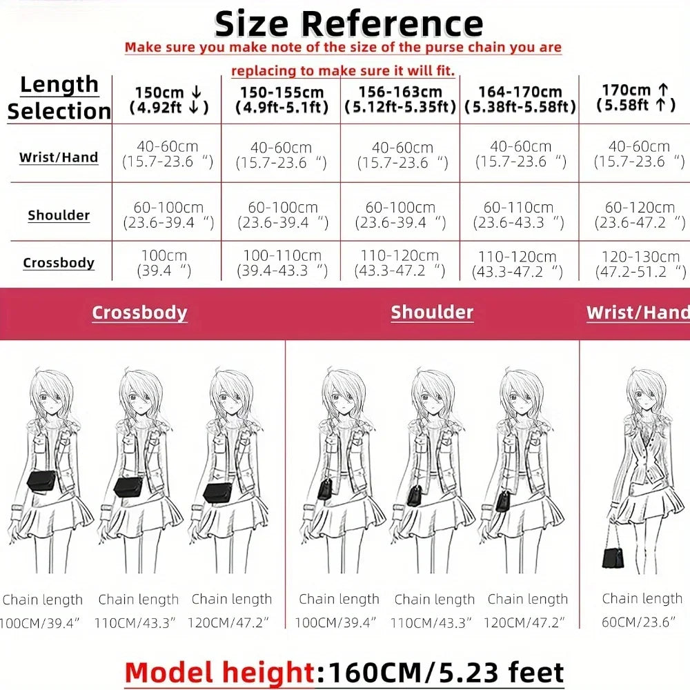 A comparison chart showing different lengths of metal chain straps for bags and wallets categorized by wrist/hand, shoulder, 