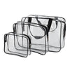 A set of three clear PVC travel toiletry bags with black straps.
