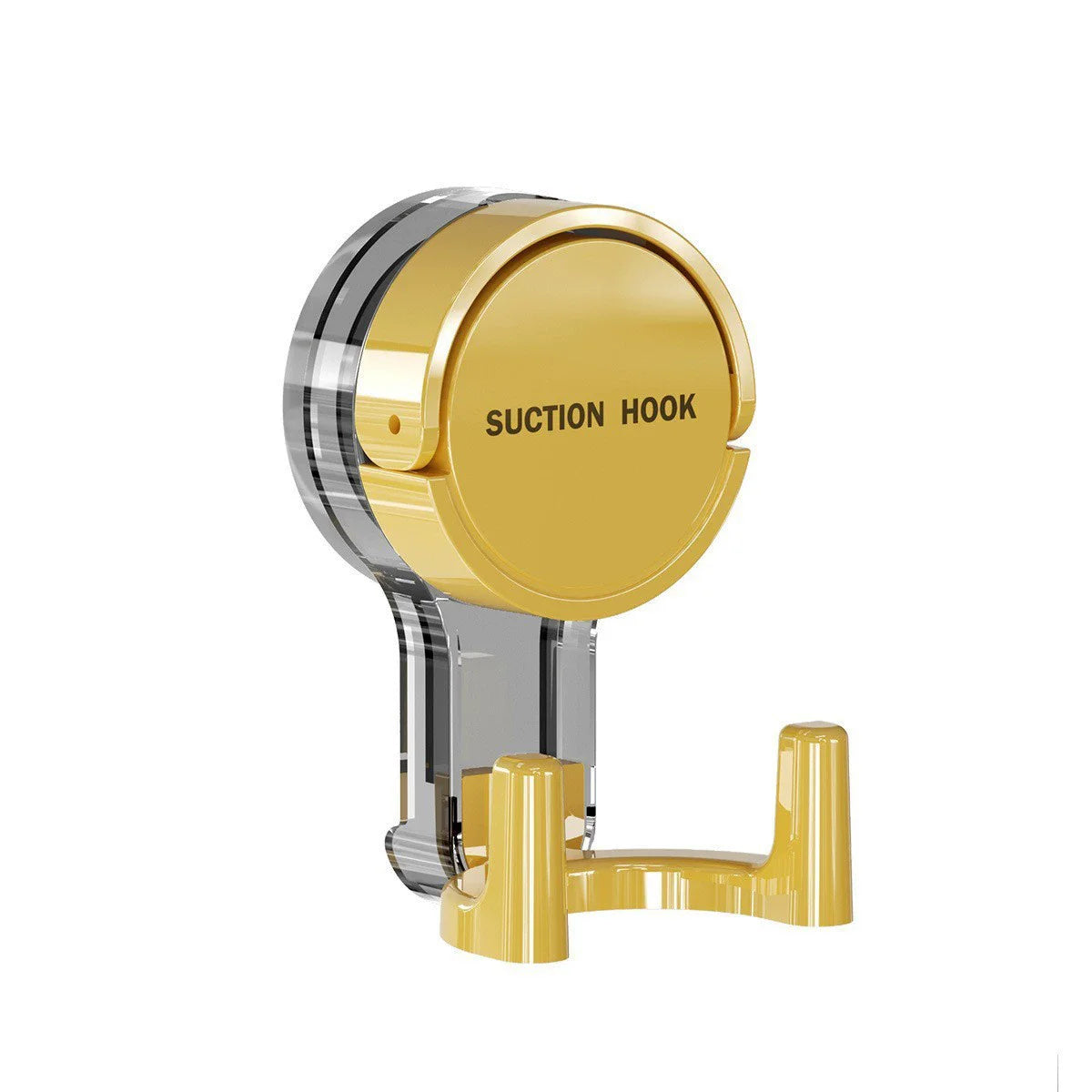 A gold suction hook with a clear plastic grip and mounting bracket for removing items from smooth surfaces.