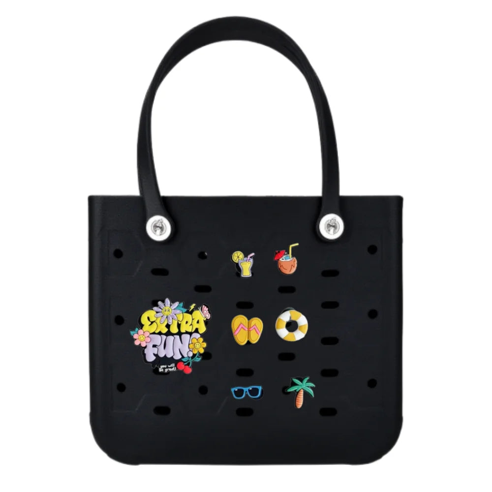 Sac de plage en caoutchouc EVA noir et imperméable avec plusieurs petits articles décoratifs