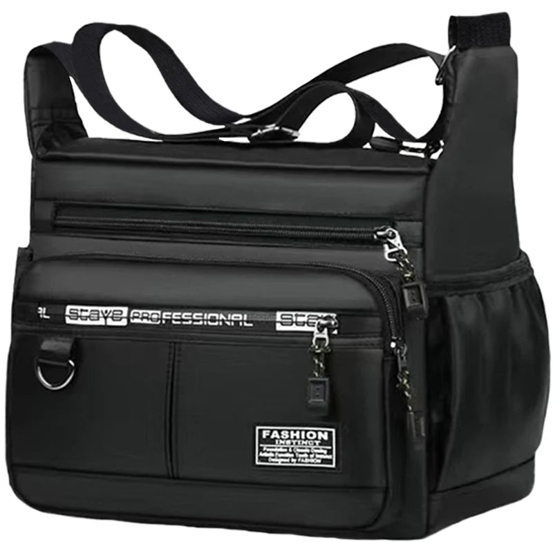 Black men's business crossbody bag with multiple zippered compartments and adjustable strap