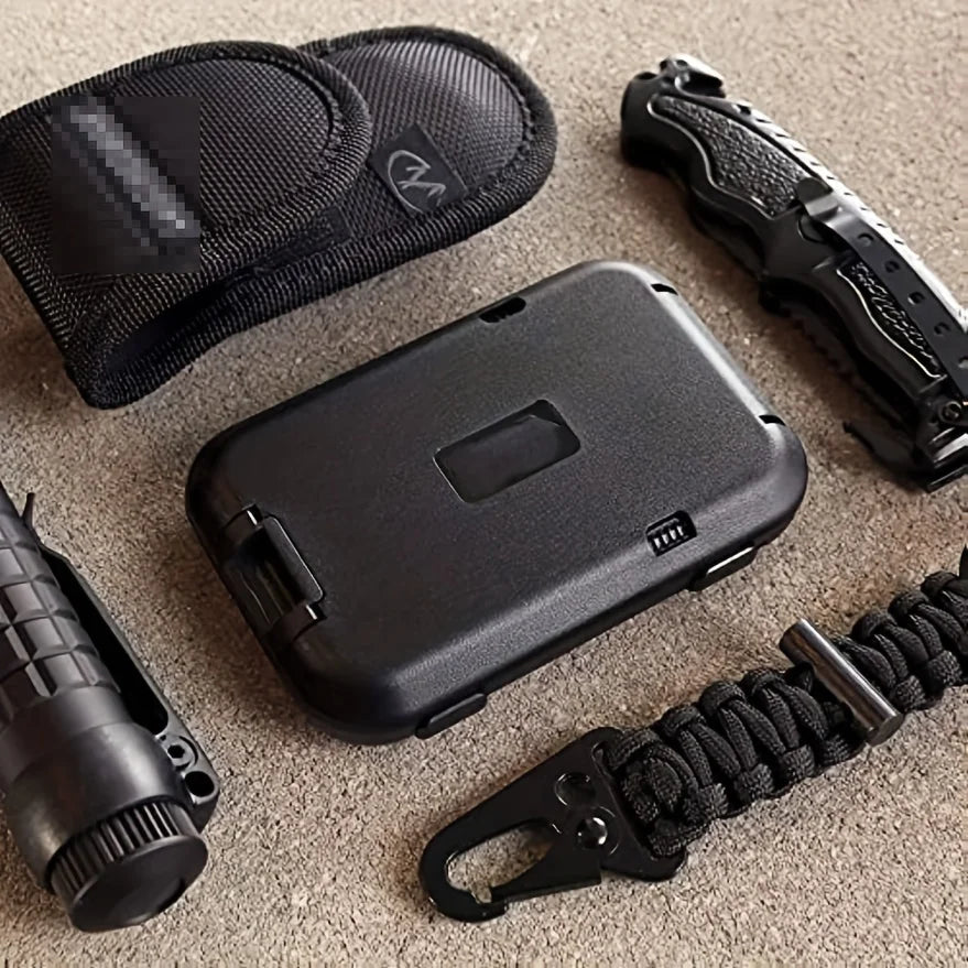 A collection of anti-RFID blocking metal ID card wallets, including a leather wallet, a black metal card holder, and a black 
