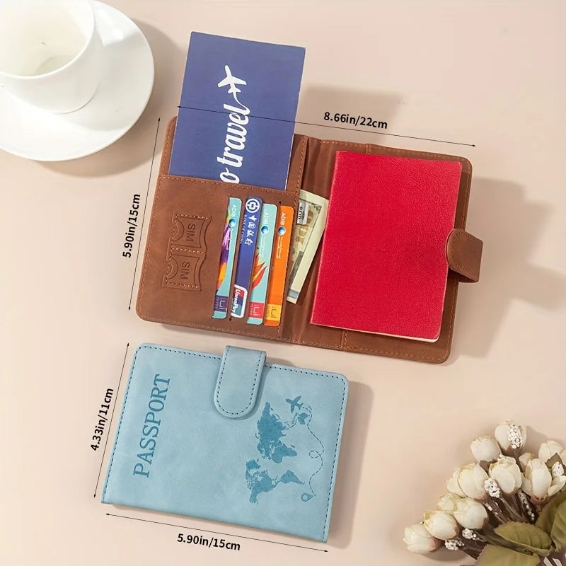 A brown leather passport wallet with a red card holder and a blue passport sleeve, next to a light pink surface.