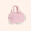 A pink portable side-zip cosmetic organizer bag with a handle, shown from the top view.