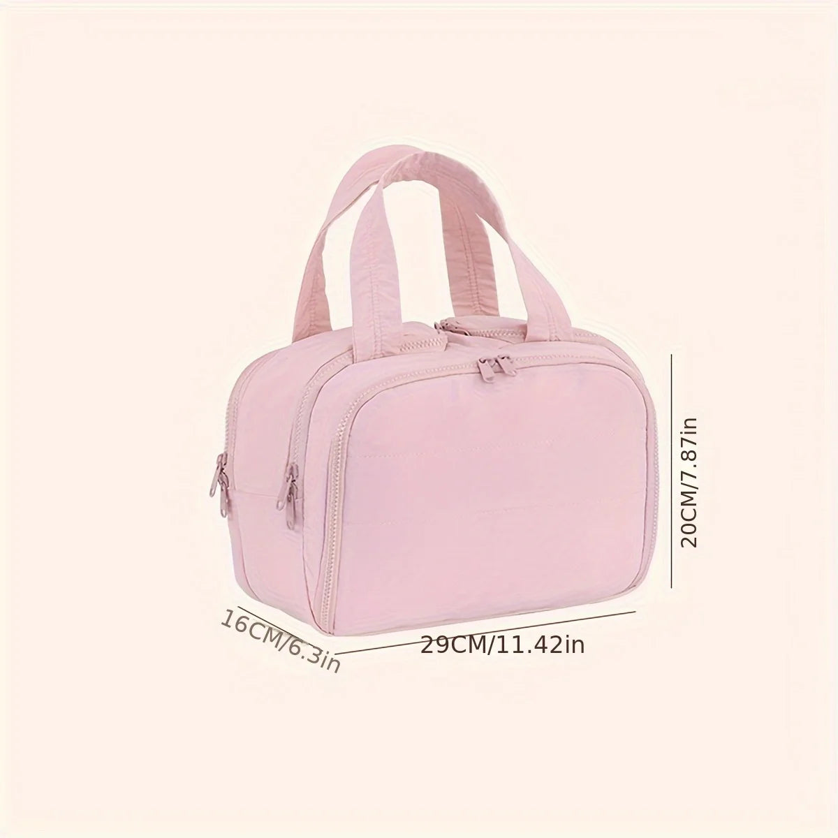 A pink portable side-zip cosmetic organizer bag with a handle, shown from the top view.
