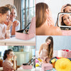 A pink LED lighted makeup train case is shown in various uses, including applying makeup and storage.
