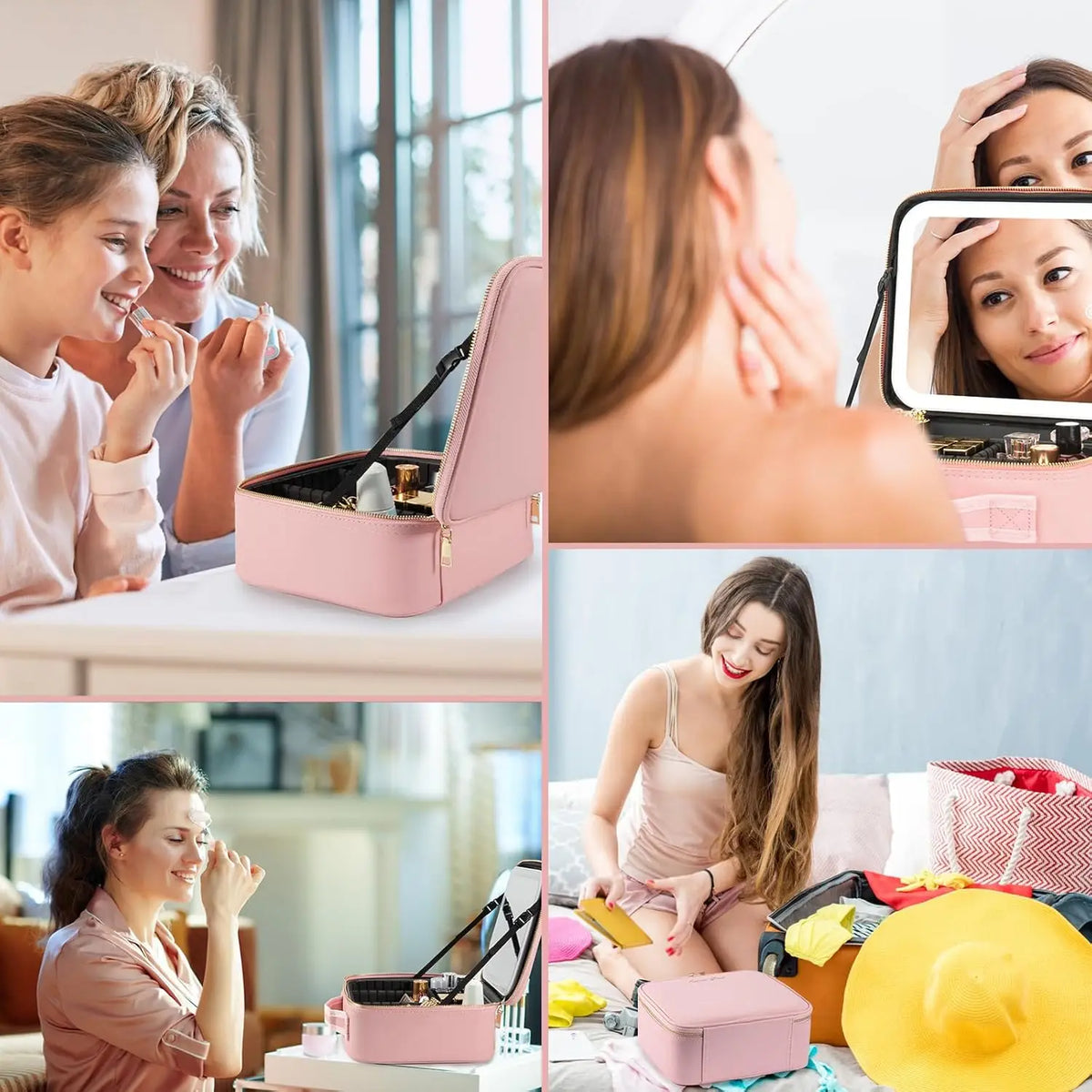A pink LED lighted makeup train case is shown in various uses, including applying makeup and storage.