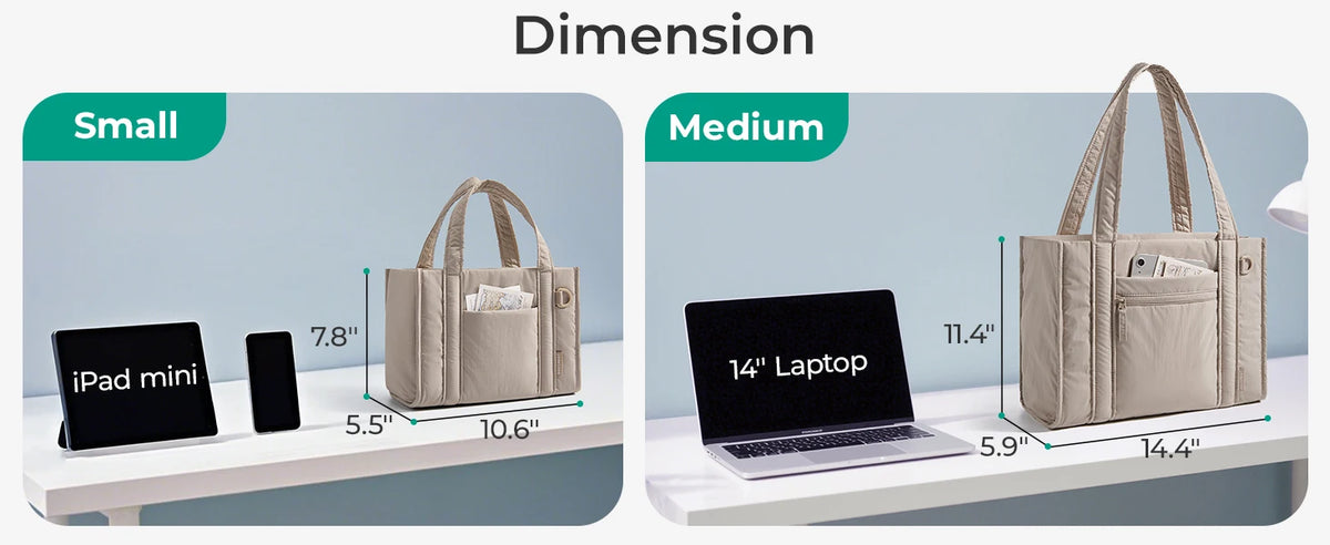 Comparison of a small and medium lightweight quilted crossbody tote bag, showing size differences.
