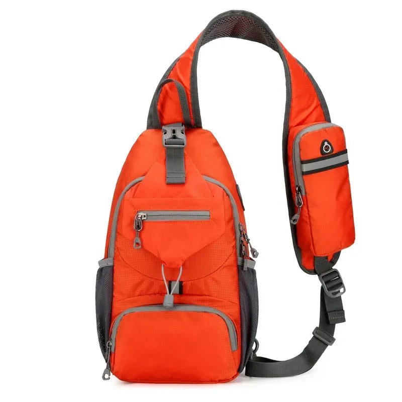 An orange multi-functional nylon chest sling bag with gray accents.