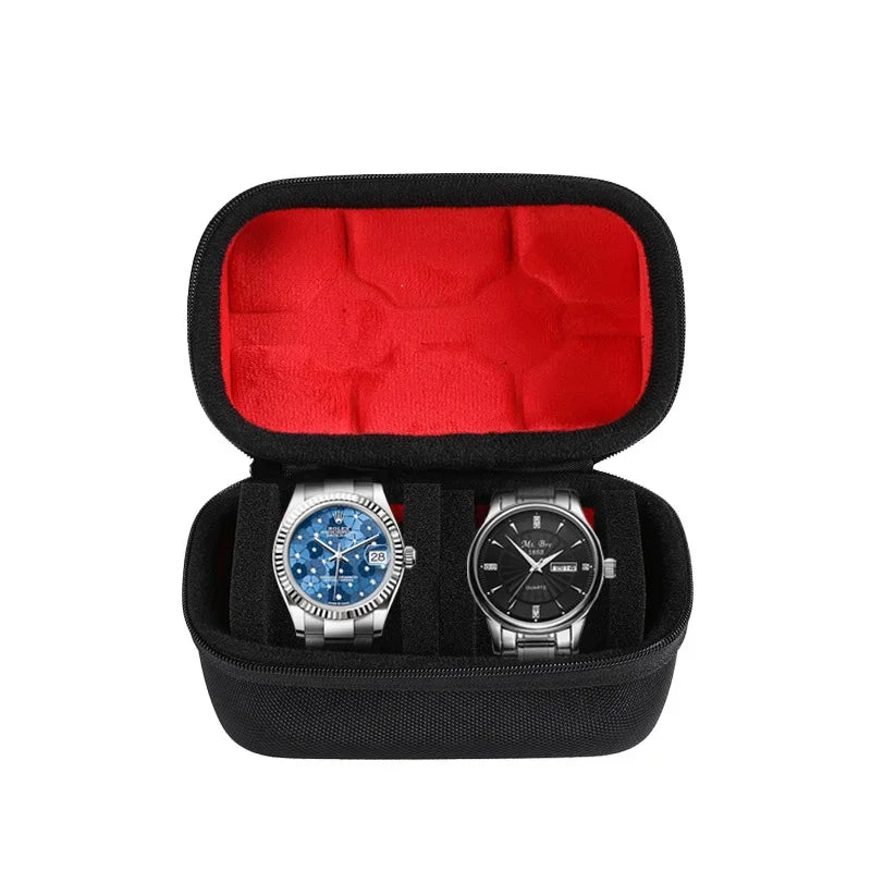 Black watch organizer case with red lining holding two silver-toned watches.