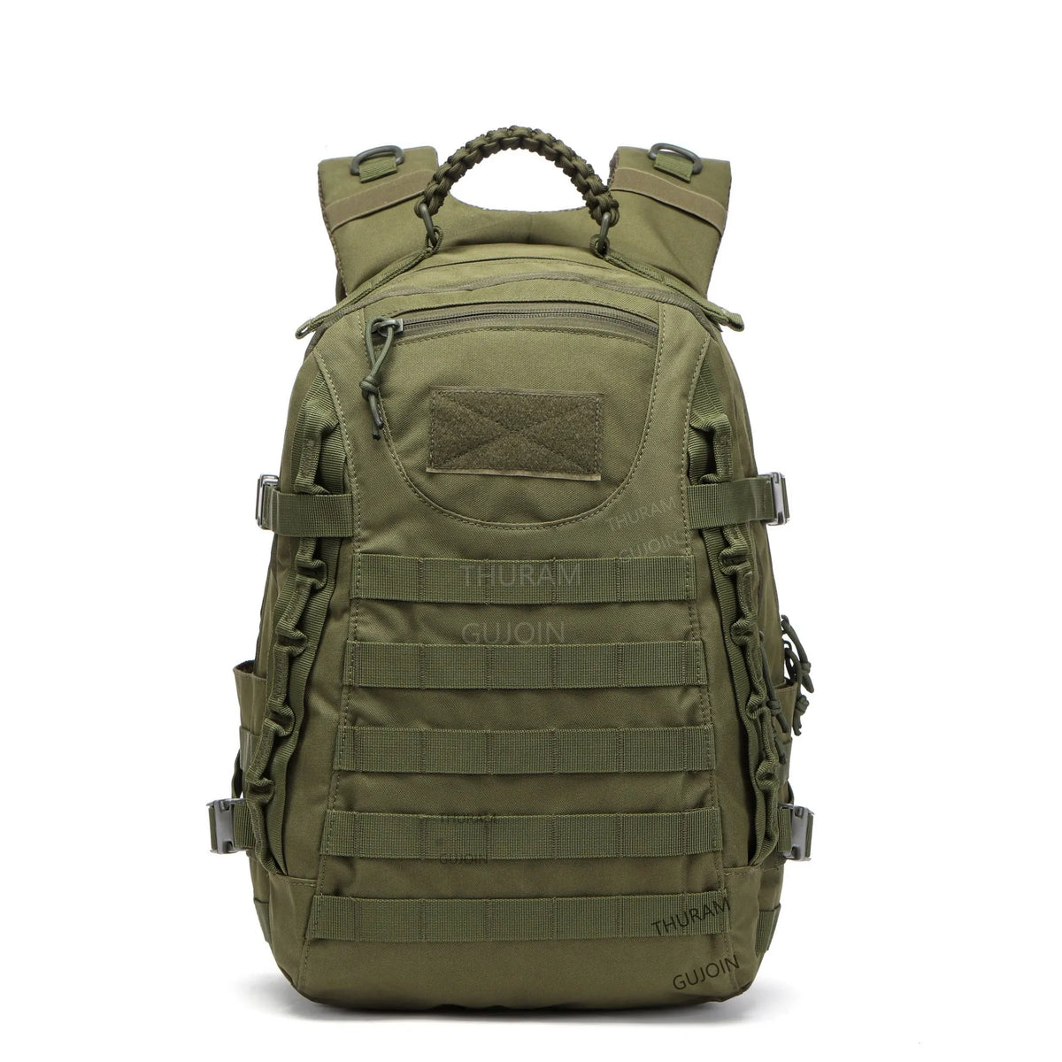 Olive green tactical waterproof backpack with adjustable straps and external pockets