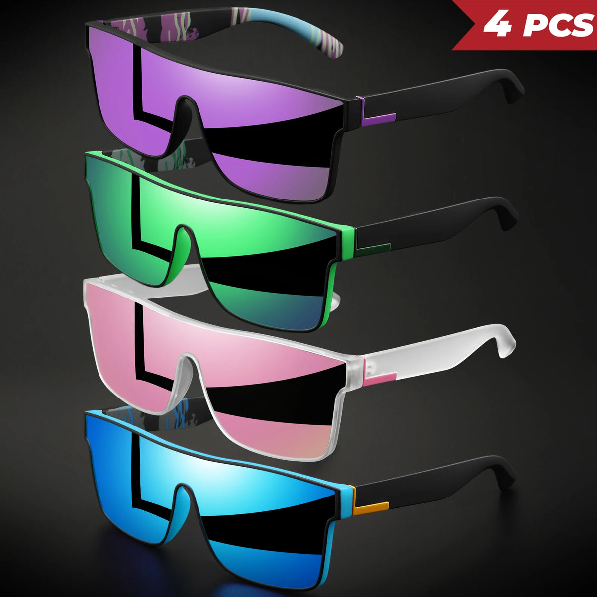 A set of four square sport sunglasses in various colors including purple, green, pink, and blue.