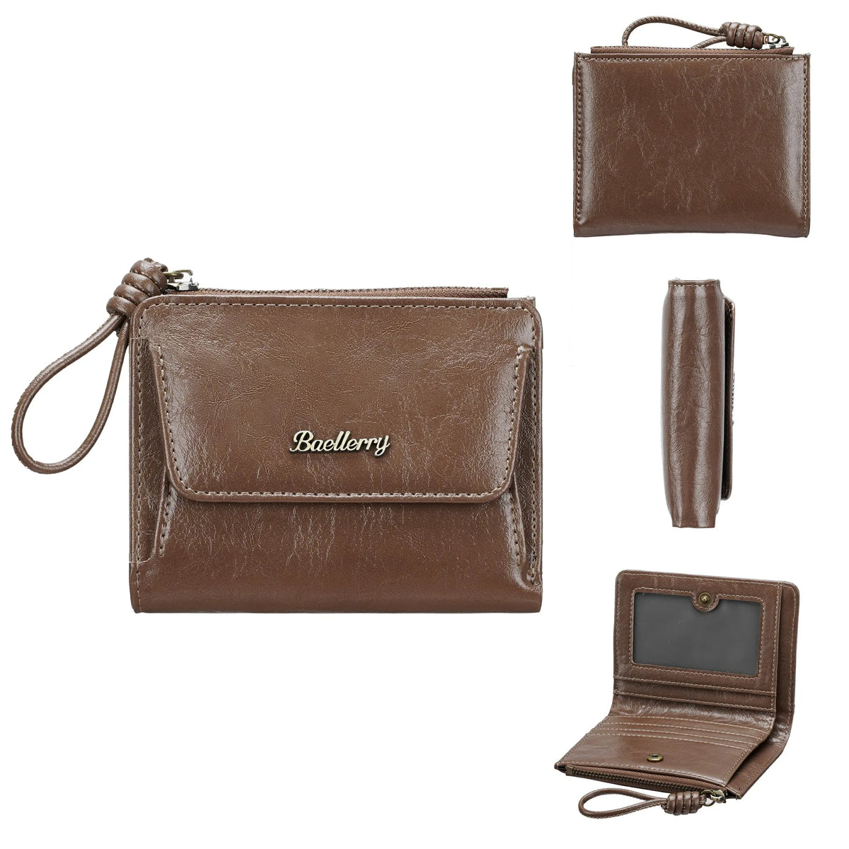 A brown faux leather mini wallet with a leather strap and a matching card holder is shown.