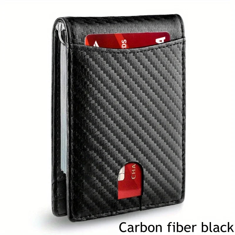A black carbon fiber wallet with a flap showing a credit card and a card slot.