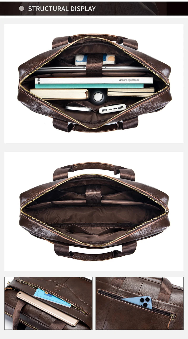 A brown full-grain leather executive laptop briefcase shown open, displaying internal organization and compartments.