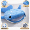 A blue shark mini plush coin purse wallet with a zipper, shown next to related features.