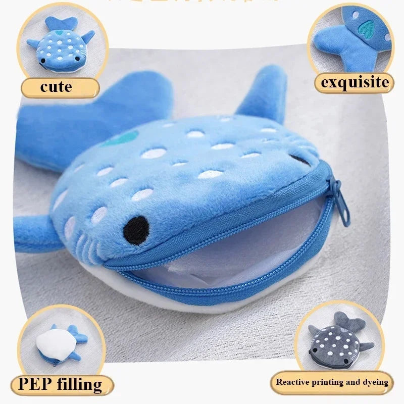 A blue shark mini plush coin purse wallet with a zipper, shown next to related features.