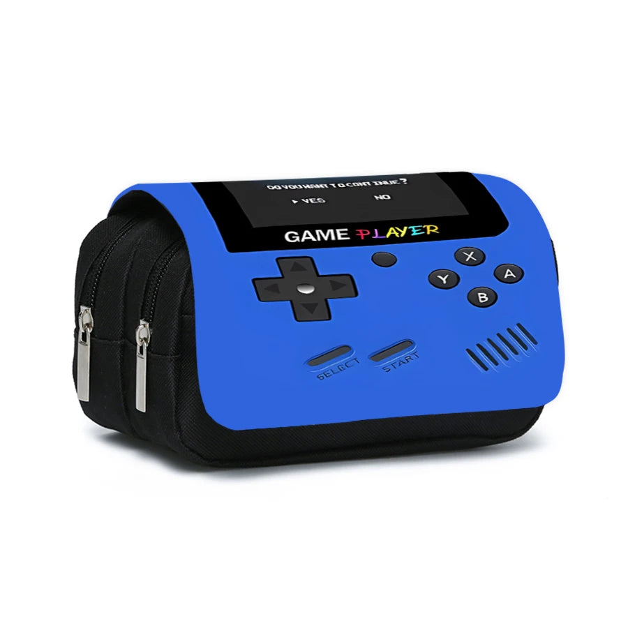 A blue and black double-layered flip pen case with a game controller design.