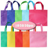 A collection of colorful non-woven tote bags in various shades including purple, blue, green, pink, yellow, red, and orange.