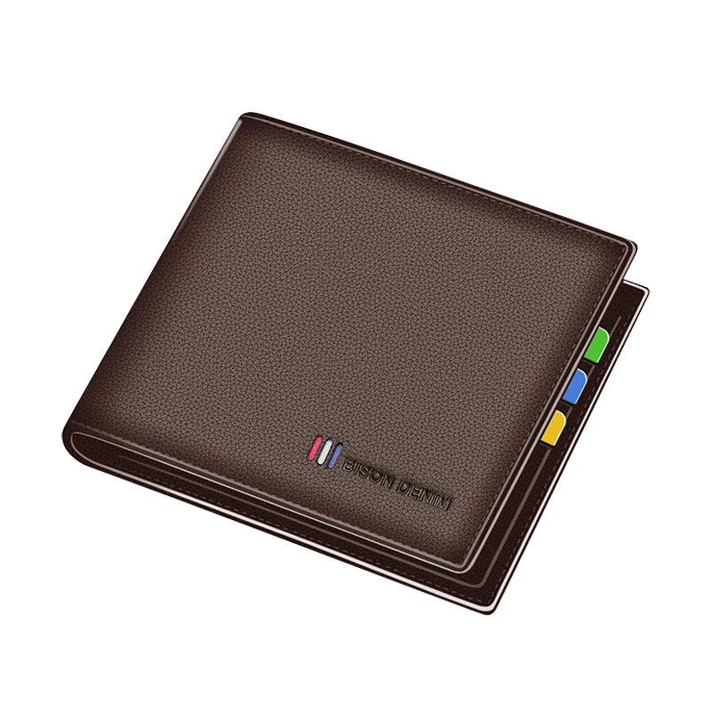 A brown genuine leather bifold men's wallet with colored stitching on the edge.