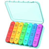 A clear plastic weekly pill organizer with compartments for seven days of medication.