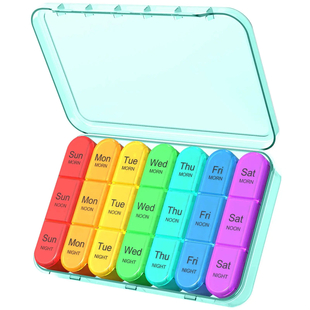 A clear plastic weekly pill organizer with compartments for seven days of medication.