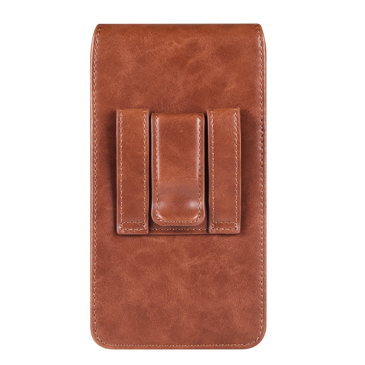 A brown leather belt loop phone case for an iPhone, showing the protective cover and slots.
