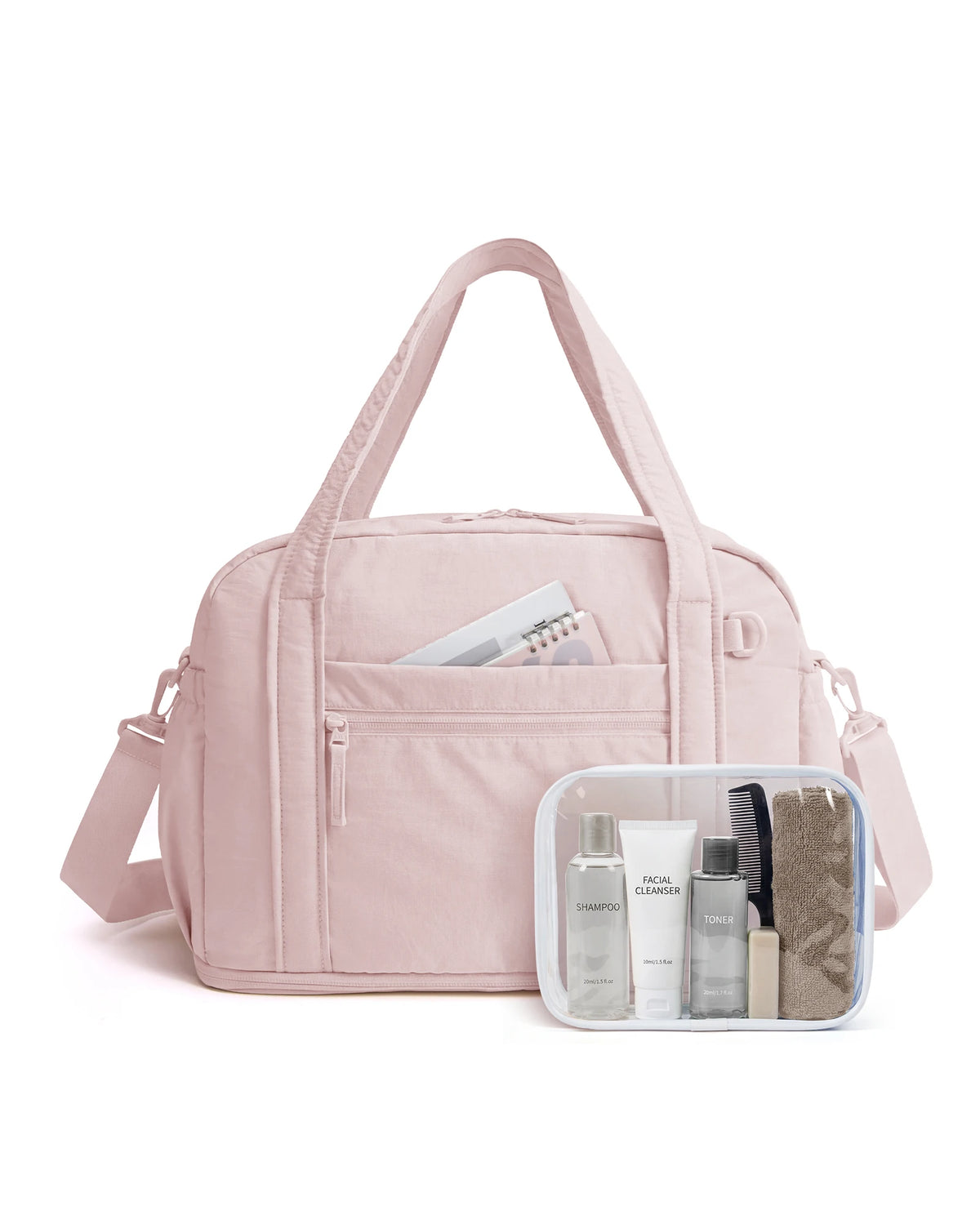 A pink expandable lightweight travel duffle bag with a zippered pocket containing various beauty and grooming products.