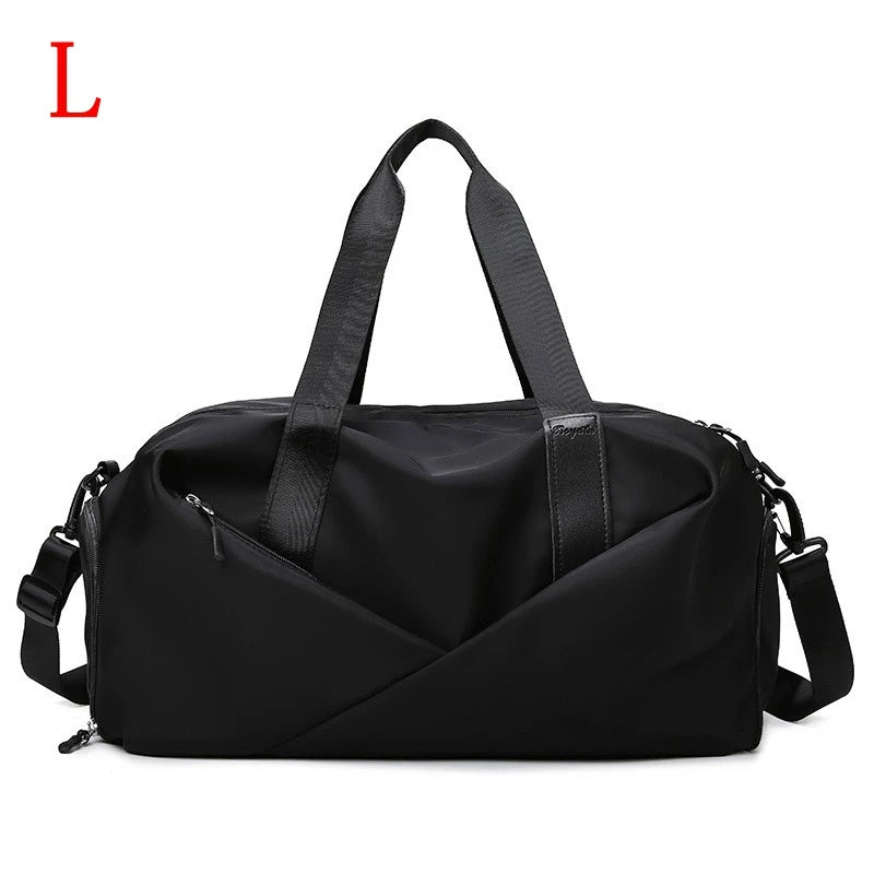 Black nylon gym and travel duffel bag with wet/dry separation feature