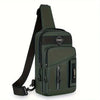 A dark olive green adjustable crossbody sling bag with a black strap and multiple zippered compartments.