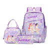 A purple multi-compartment casual backpack featuring a patterned design and pink accents.