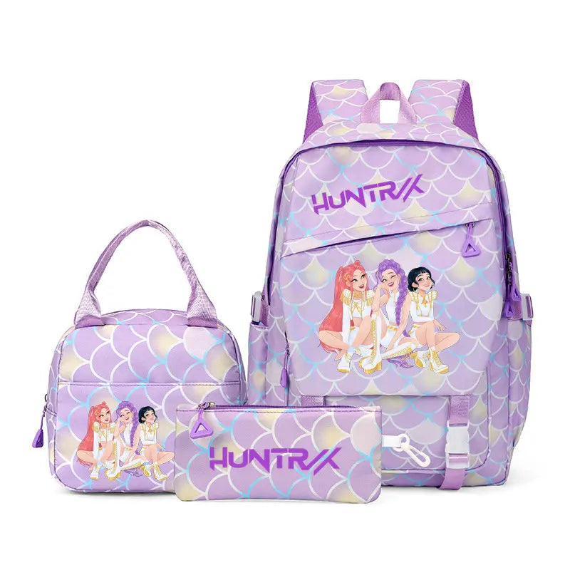 A purple multi-compartment casual backpack featuring a patterned design and pink accents.