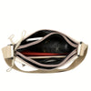 A beige nylon crossbody shoulder bag with multiple zippered compartments shown open.