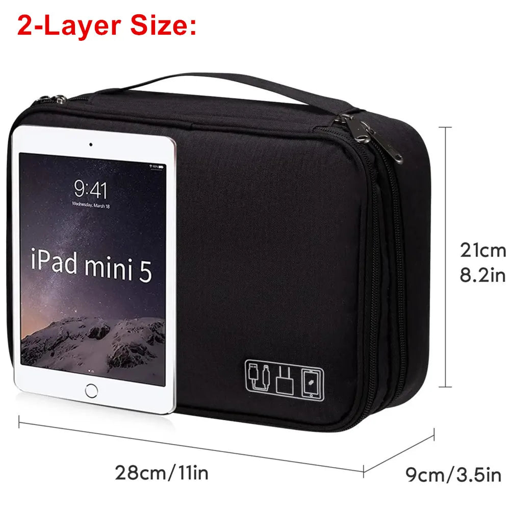 Black 2-layer storage bag for an iPad mini 5 with dimensions 28cm by 9cm.