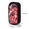 A black pencil case featuring a graphic of a soccer player's face on the front.