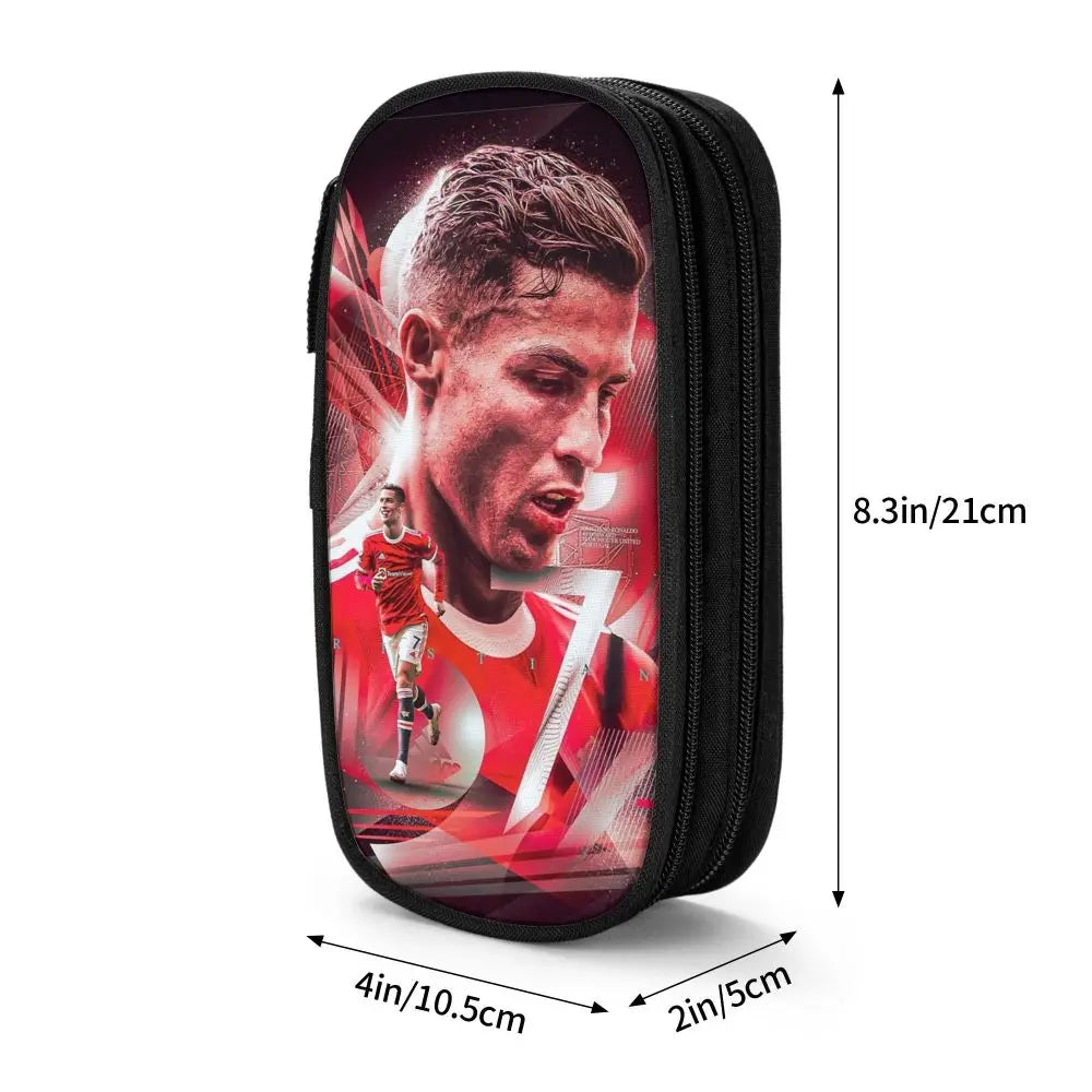 A black pencil case featuring a graphic of a soccer player's face on the front.