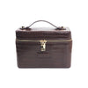A dark brown PU leather makeup bag with a zipper closure and leather trim.