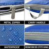 Set of blue and gray reusable compression packing cubes featuring a metal zipper, carry handle, waterproof material, and rein