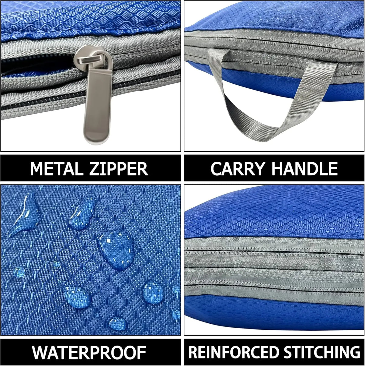 Set of blue and gray reusable compression packing cubes featuring a metal zipper, carry handle, waterproof material, and rein