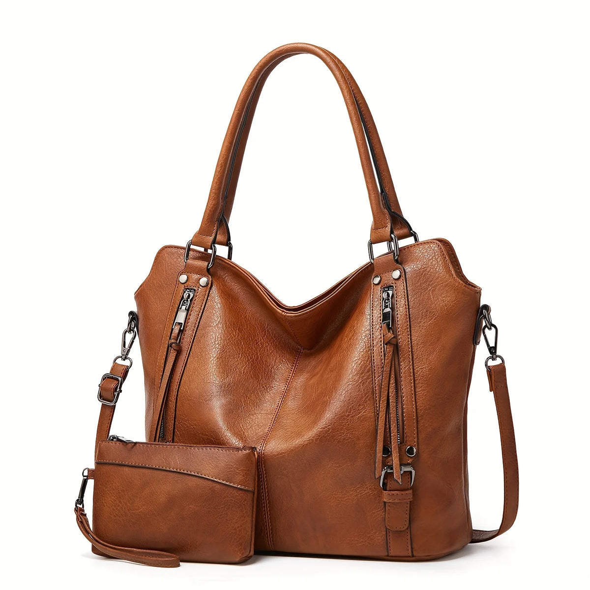 A brown women's PU leather crossbody tote bag with a leather strap and flap closure.